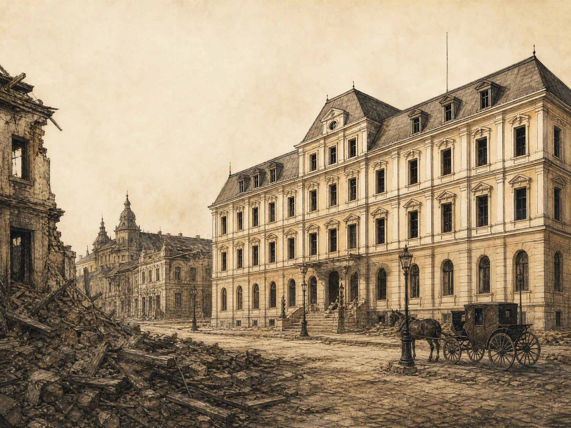 Interpretare editorială a Hotelului Traian după bombardamentul din 1944