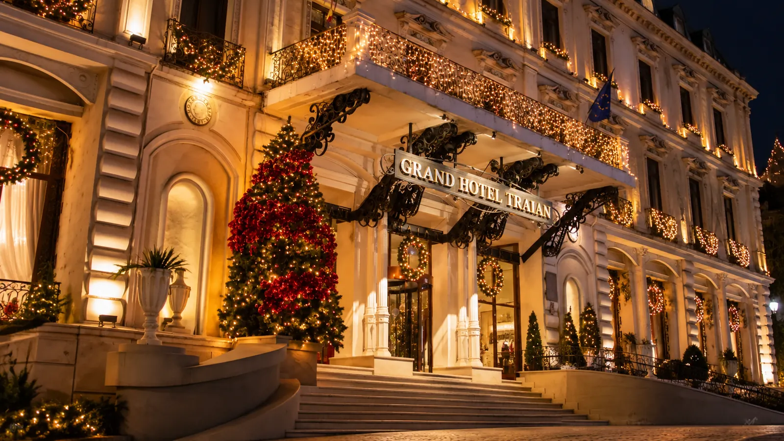 Intrarea Grand Hotel Traian luminată seara