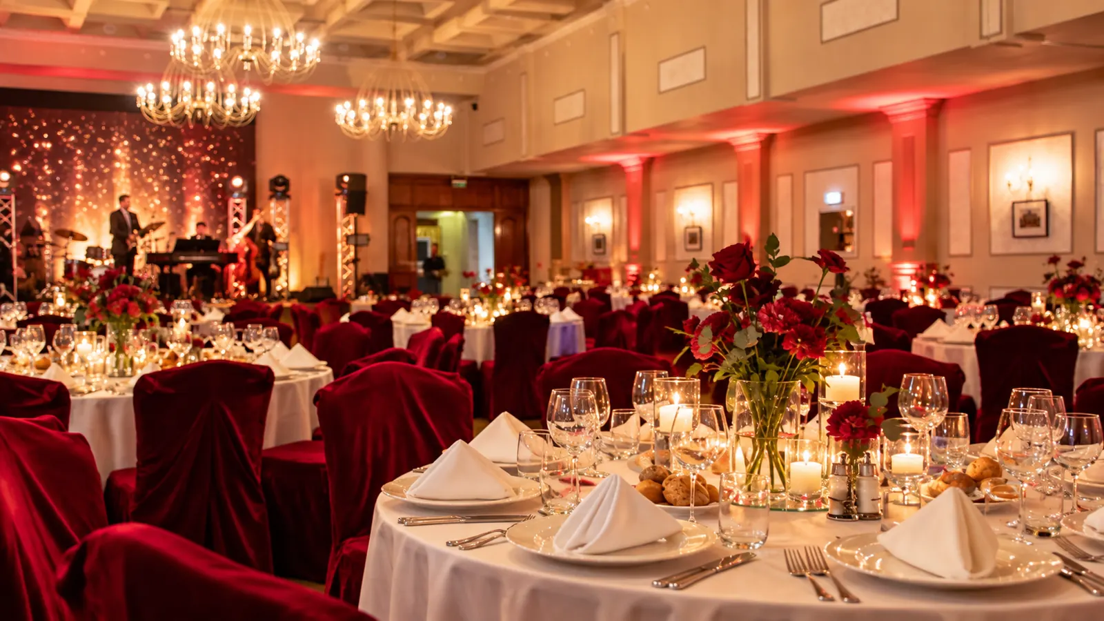 Ballroom Eminescu cu mesele pregătite pentru Revelion 2027 la Iași