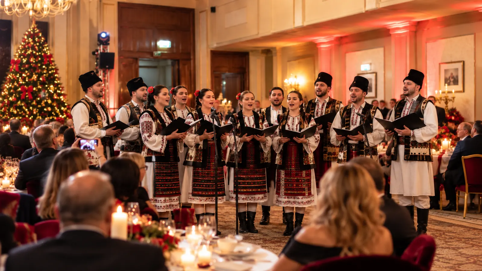 Urători în costume populare cântând în sală